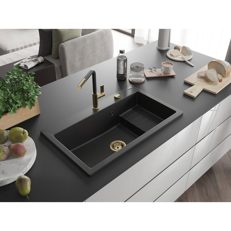 Mexen Omar мивка гранитна 1-камерна 800 x 480 мм, черна, сифон златен - 6520801005-77-G