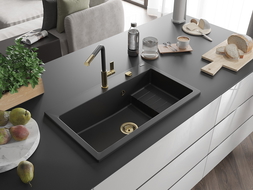 Mexen Omar мивка гранитна 1-камерна 800 x 480 мм, черна, сифон златен - 6520801005-77-G