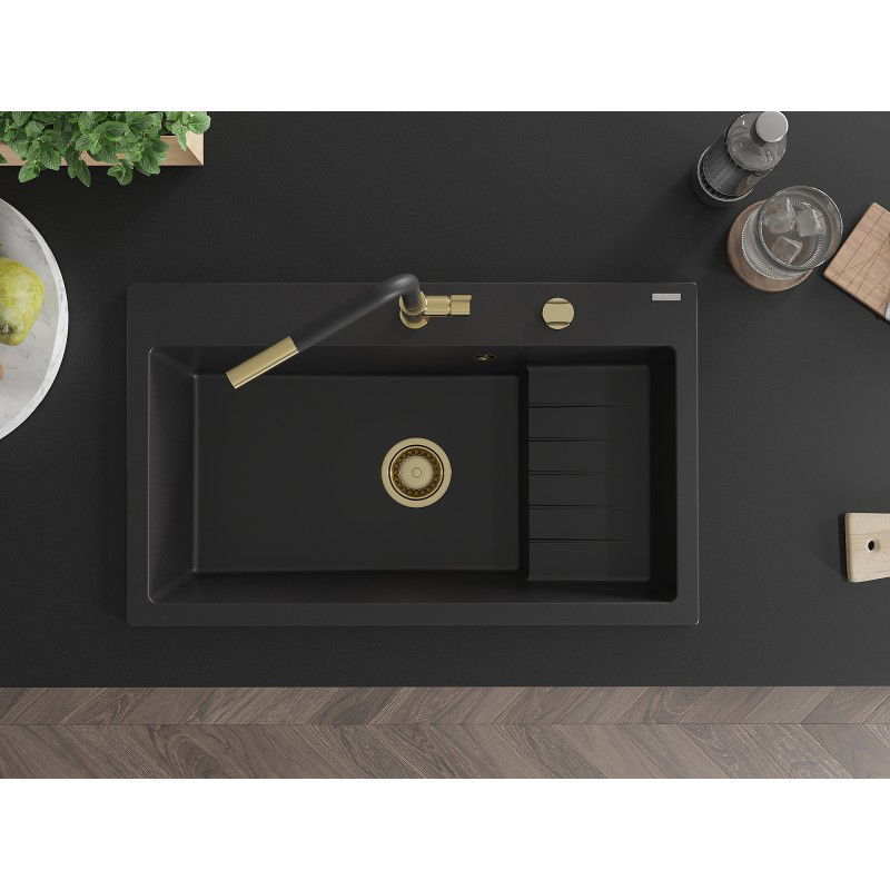 Mexen Omar мивка гранитна 1-камерна 800 x 480 мм, черна, сифон златен - 6520801005-77-G