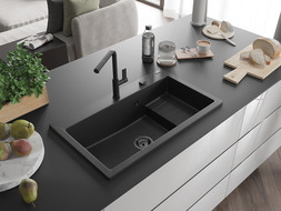 Mexen Omar гранитна кухненска мивка с 1 корито 800 x 480 mm, черна, черен сифон - 6520801005-77-B