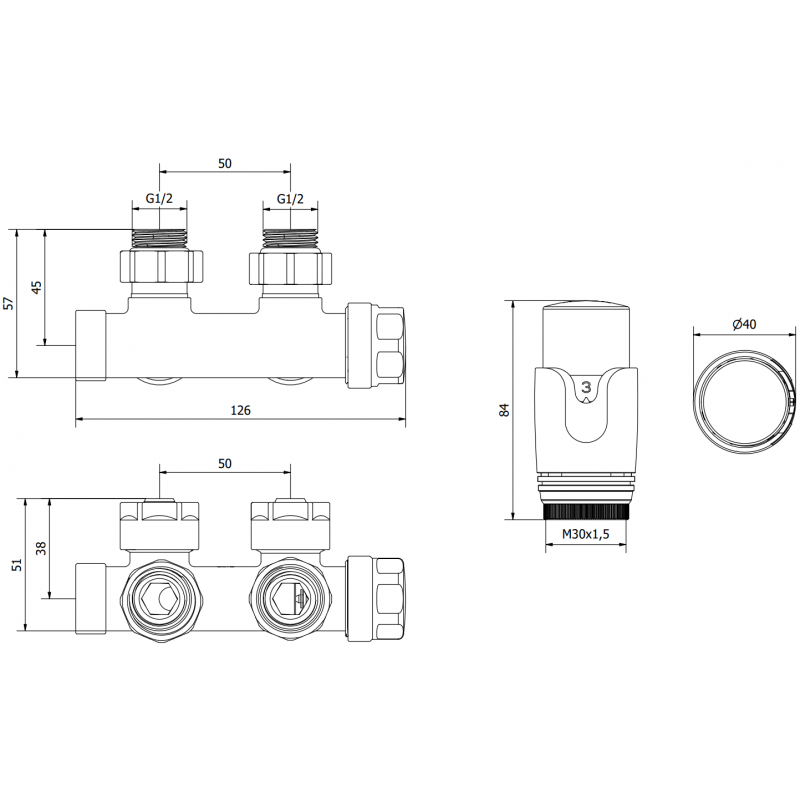 Mexen G00 комплект термостатичен ъглов, Duplex, DN50, черен - W907-900-70