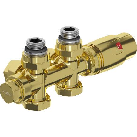 Mexen G00 комплект термостатичен ъглов/прав, Duplex, DN50, златен - W908-900-50