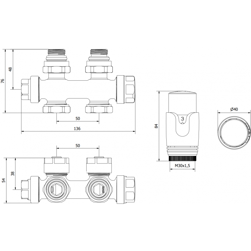 Mexen G00 термостатичен комплект ъглов/прав, Duplex, DN50, черен - W908-900-70