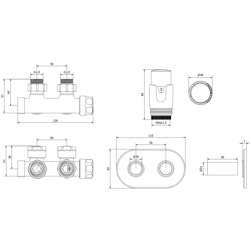 Mexen G00 ъглов термостатичен комплект с капак R, Duplex, DN50, черен - W907-900-905-70