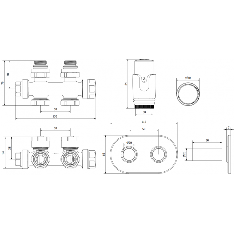 Mexen G00 термостатичен комплект ъглов/прав с розетка R, Duplex, DN50, черен - W908-900-905-70