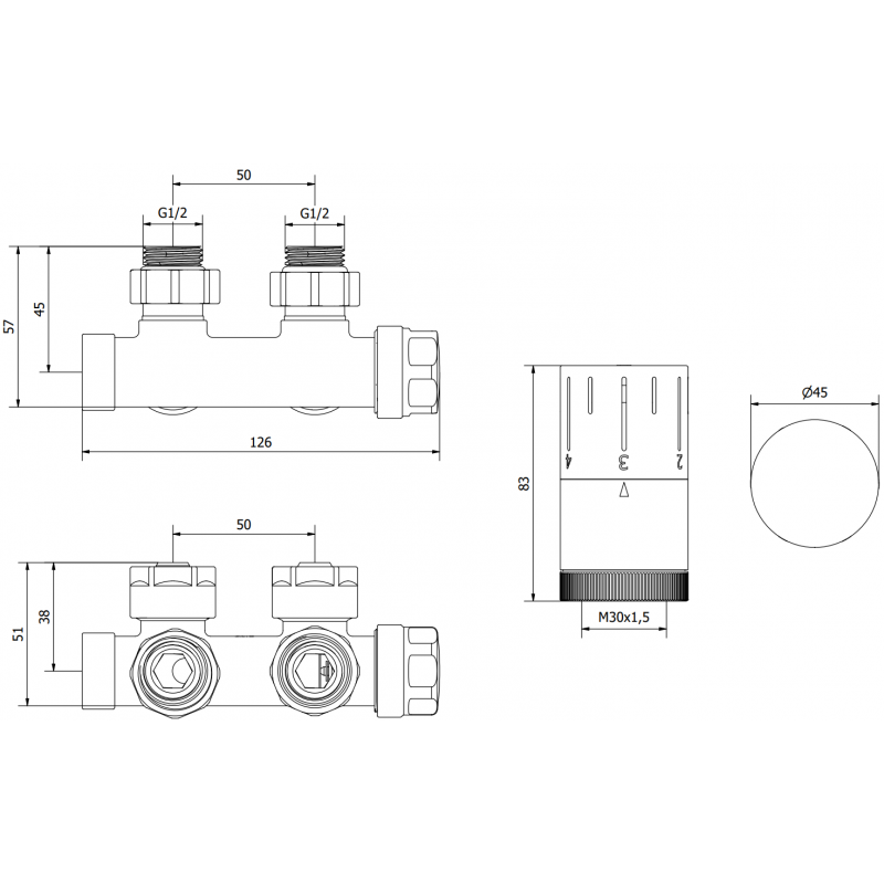 Mexen G05 термостатичен ъглов комплект, Duplex, DN50, бял - W907-958-20