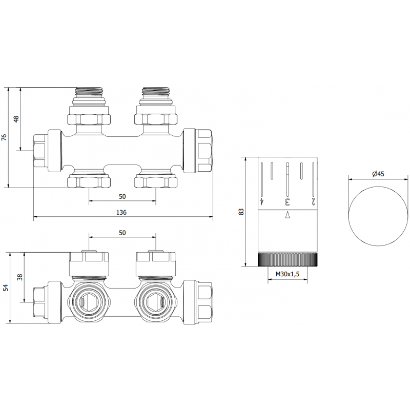 Mexen G05 комплект термостатичен ъглов/прав, Duplex, DN50, антрацит - W908-958-66