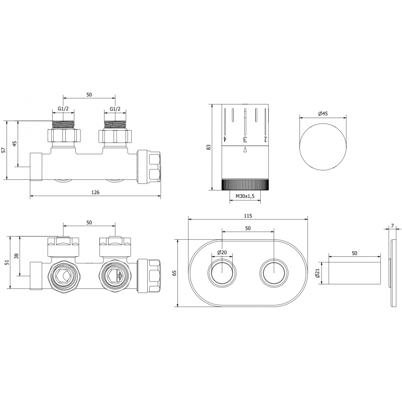 Mexen G05 ъглов термостатичен комплект с декоративна розета R, Duplex, DN50, хром - W907-958-905-01