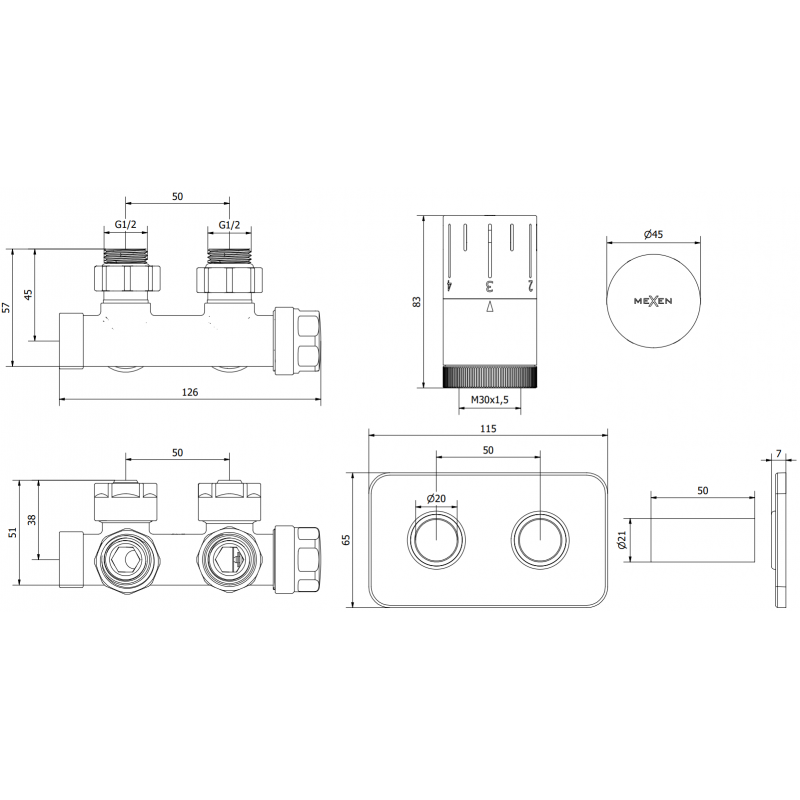 Mexen G05 термостатичен комплект ъглов с декоративно покритие S, Duplex, DN50, бял - W907-958-910-20
