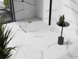 Mexen Stone+ квадратен композитен душ корито 100 x 100 см, бял, със златна