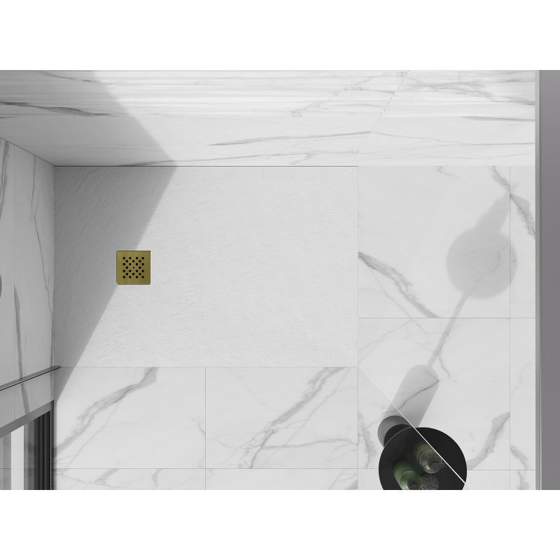 Mexen Stone+ композитен правоъгълен душ корито 130 x 80 см, бял, златна решетка - 44108013-G