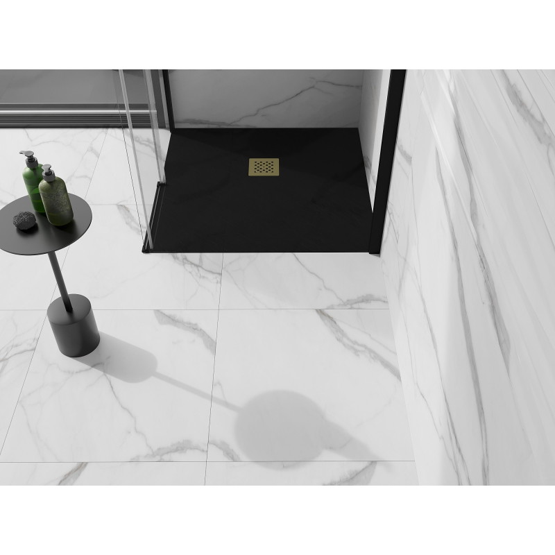Mexen Stone+ Квадратен композитен душов под 80 x 80 см, черен, с позлатен капак
