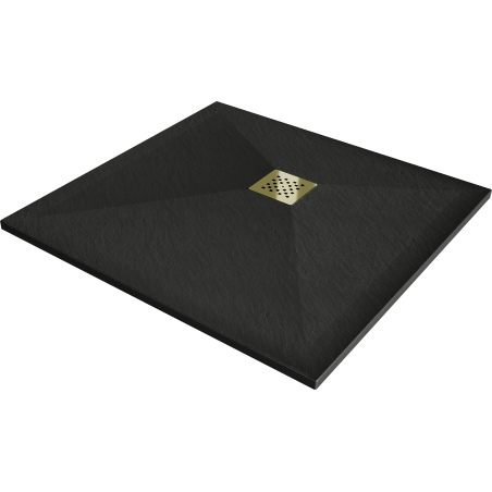 Mexen Stone+ квадратен композитен душ поднос 80 x 80 см, черен, златна скоба