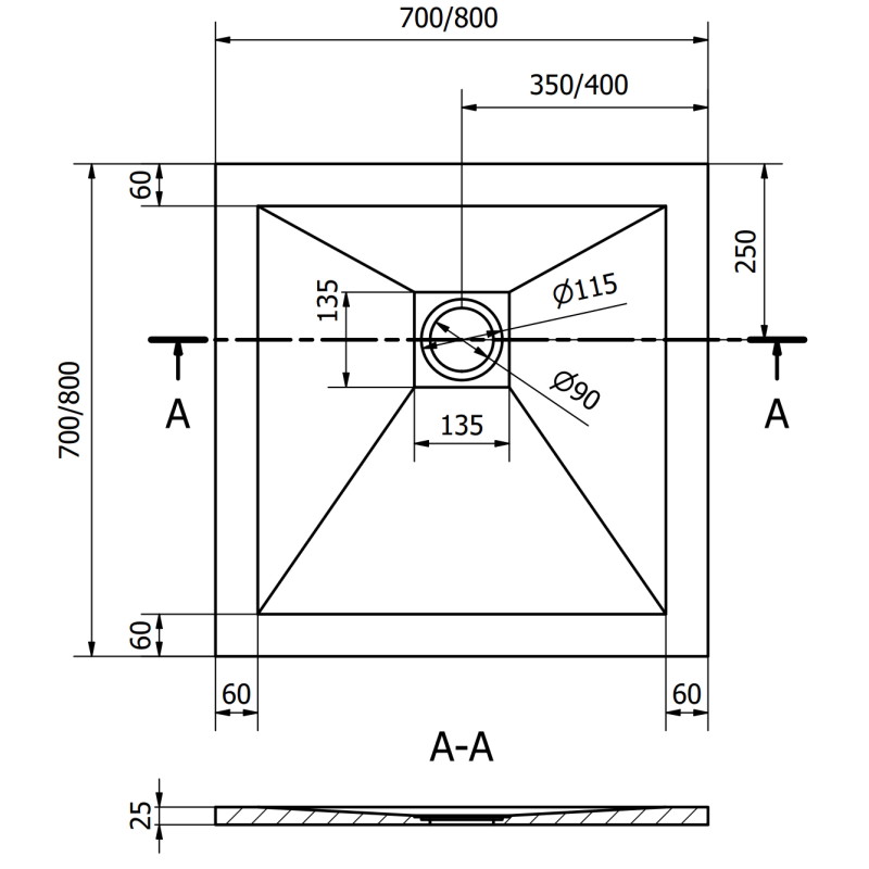 Mexen Stone+ Квадратен композитен душов под 80 x 80 см, черен, с позлатен капак