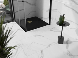 Mexen Stone+ Квадратен композитен душов под 80 x 80 см, черен, с позлатен капак