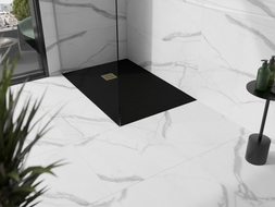 Mexen Stone+ композитен правоъгълен душ под 140 x 90 см, черен, златна решетка