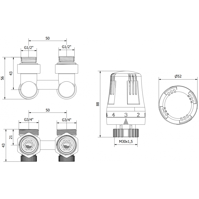 Mexen G01 двутръбен термостатичен комплект DN50, ъглов 1/2"x3/4", никел - W911-012-918-01