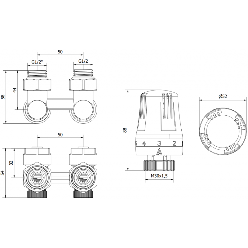 Mexen G01 двутръбен термостатичен комплект DN50, ъглов 1/2"x16 mm, никел - W911-016-918-01