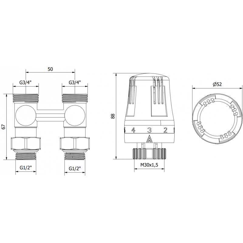 Mexen G01 двутръбен термостатичен комплект DN50, прав 1/2"x3/4", никел - W912-012-918-01