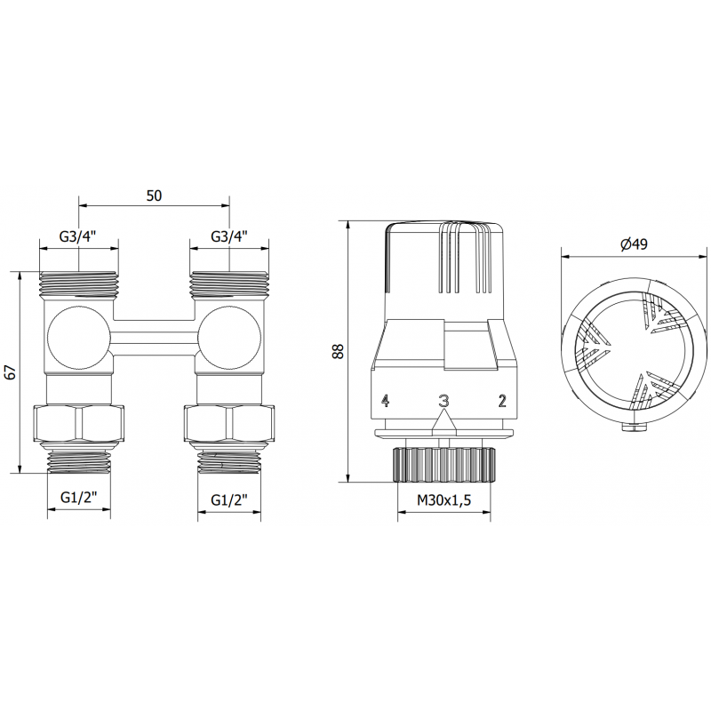 Mexen G02 термостатичен комплект двутръбен DN50, прав 1/2"x3/4", никел - W912-012-928-01