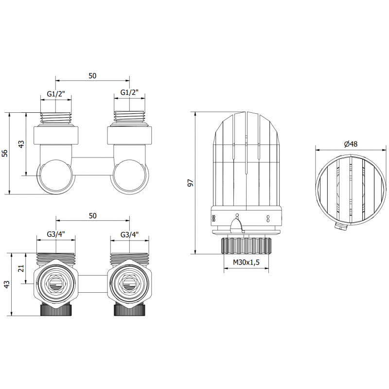 Mexen G03 двутръбен термостатичен комплект DN50, ъглов 1/2"x3/4", никел - W911-012-938-01