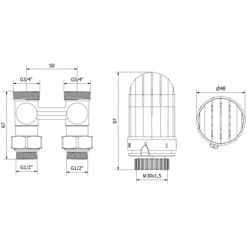 Mexen G03 двутръбен термостатичен комплект DN50, ъглов 1/2"x16 mm, никел