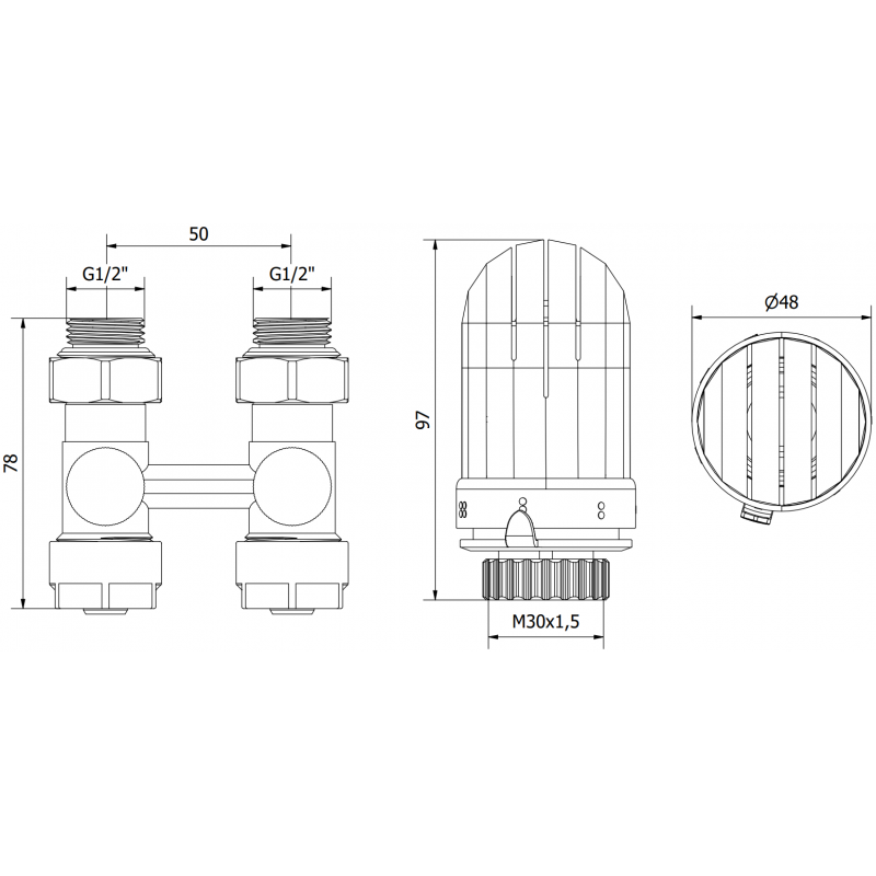 Mexen G03 двутръбен термостатичен комплект DN50, прав 1/2"x16 mm, никел - W912-016-938-01