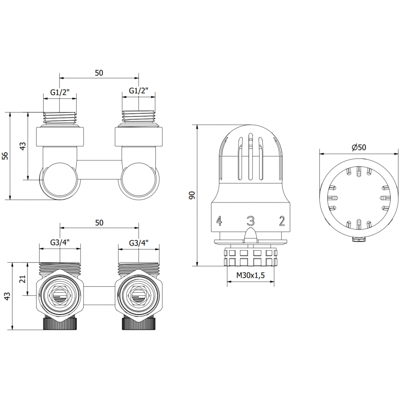 Mexen G04 термостатичен комплект двутръбен DN50, ъглов 1/2"x3/4", никел - W911-012-948-01