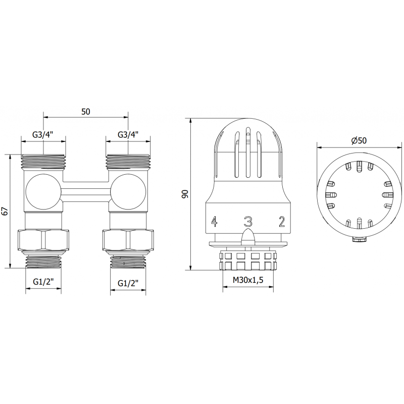 Mexen G04 комплект термостатичен двутръбен DN50, прав 1/2"x3/4", никел - W912-012-948-01