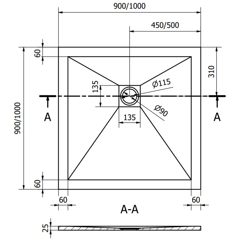Mexen Stone+ композитен квадратен душ корито 100 x 100 см, бял с черен капак