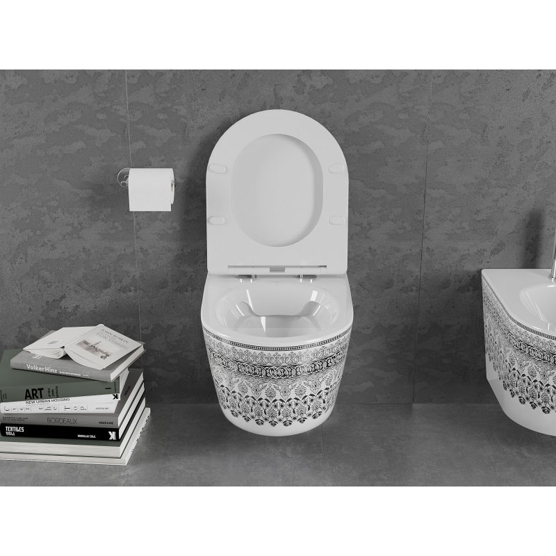 Mexen Lena Rimless тоалетна чиния с бавно падаща седалка, тънка, дуропласт, бяла/черна шарка - 30224095