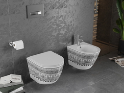 Mexen Lena Rimless тоалетна чиния с бавно падаща седалка, тънка, дуропласт, бяла/черна шарка - 30224095