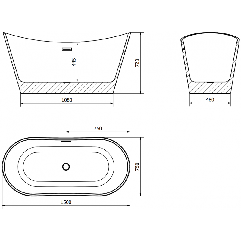 Mexen Montana свободностояща вана 150 x 75 см, бяла, преливник gun gray четкан - 52011507500-66