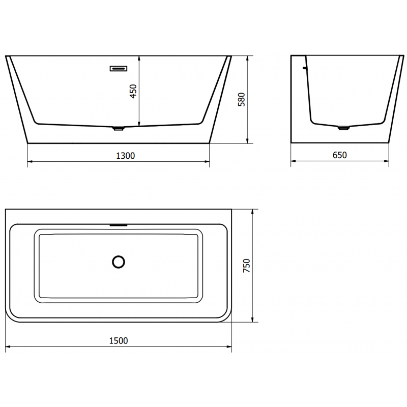 Mexen Volta свободностояща прилежаща вана 150 x 75 cm, бяла/черна, преливен отвор gun gray четкан - 51131507575-66