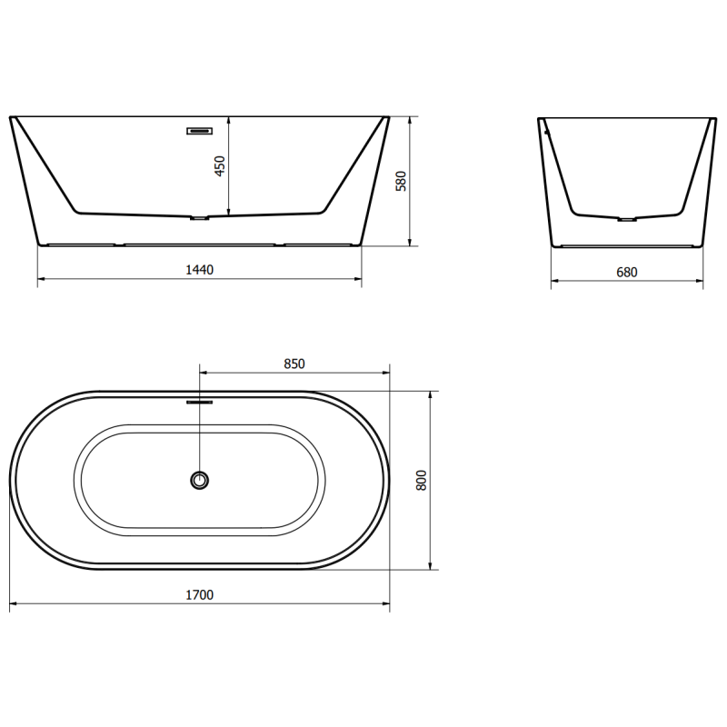 Mexen Luna свободностояща вана 170 x 80 см, бяла/черна, преливник gun gray четка - 52031708075-66