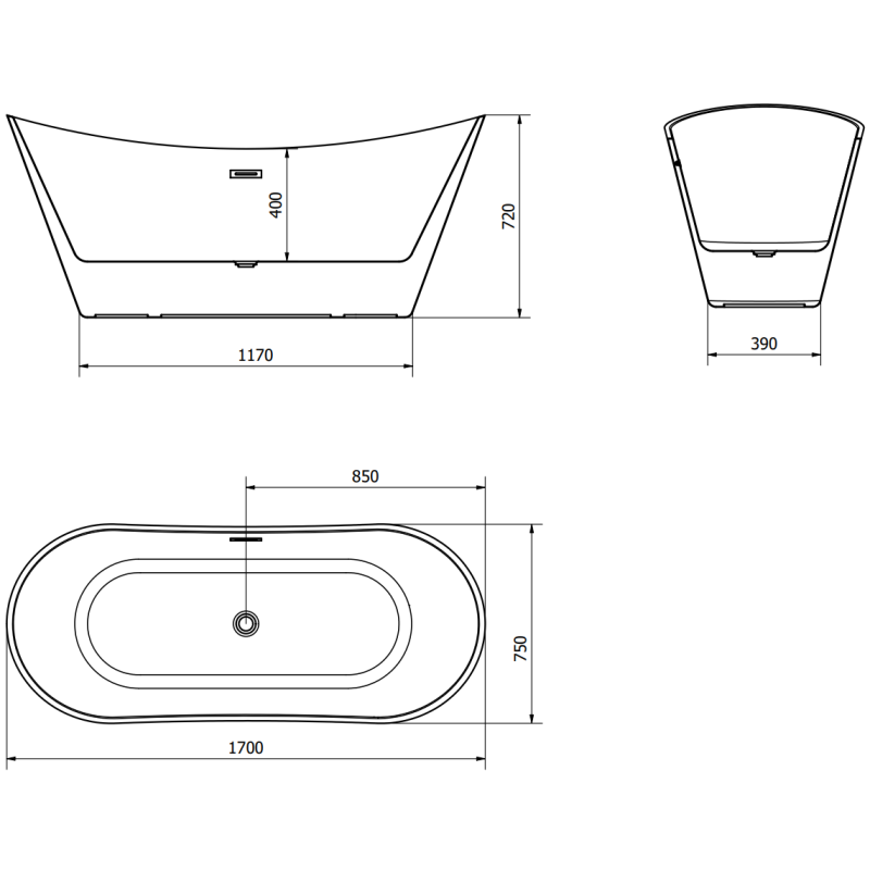 Mexen Celia вана свободностояща 170 x 75 cm, бяла/черна, преливник gun metal - 52331707575-95