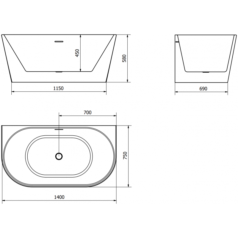 Mexen Oval свободно стояща вана до стената 140 x 75 см, бяла, златен преливник - 52671407500-50