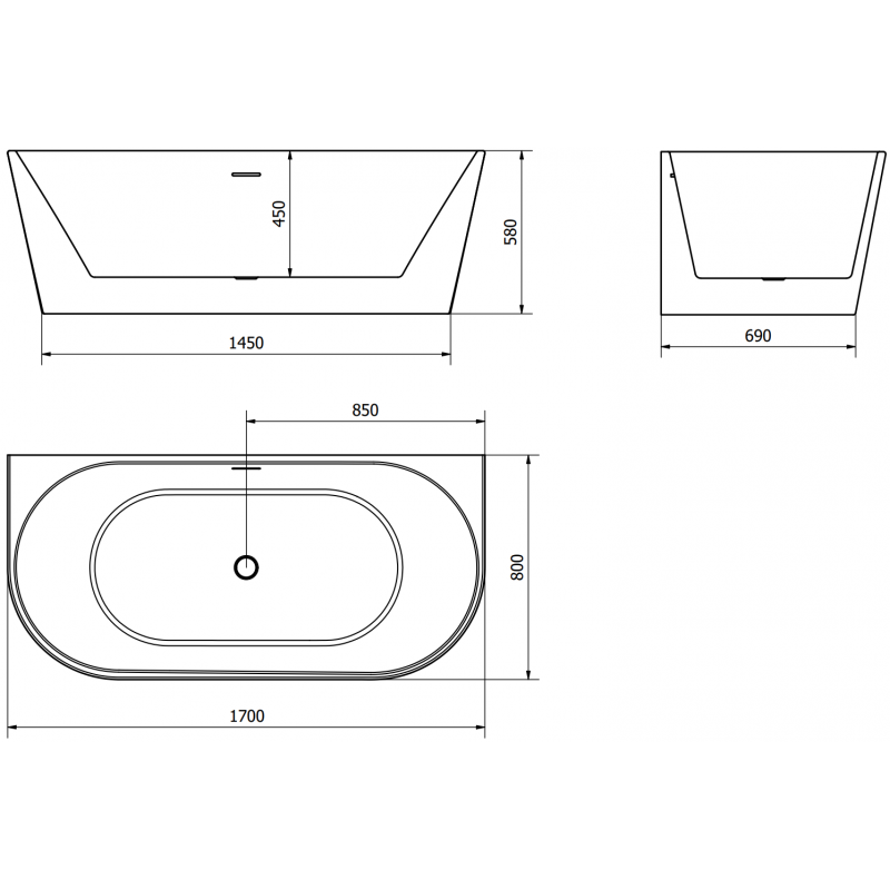 Mexen Oval самостоятелна вана за монтиране до стена 170 x 80 cm, бяла, преливник gun gray четкан - 52671708000-66