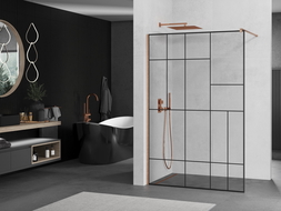Mexen Kioto Walk-in душ панел 130 x 200 см, черен шаблон 8 мм, четкан месинг - 800-130-101-65-78