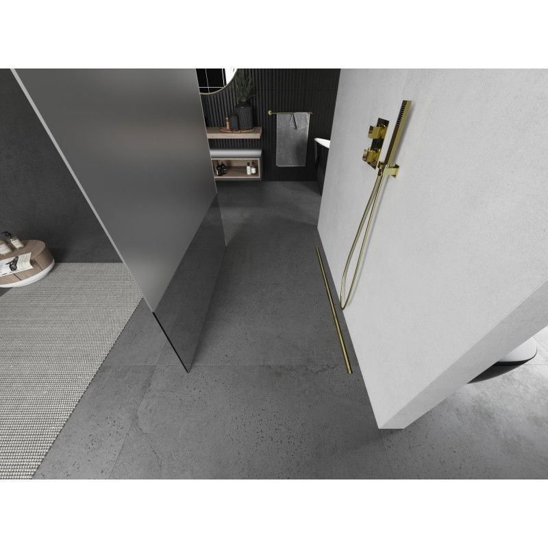 Mexen Kioto свободно стояща преграда за душ 140 x 200 см, прозрачна/смръщена 8 мм, златна четка - 800-140-002-55-35