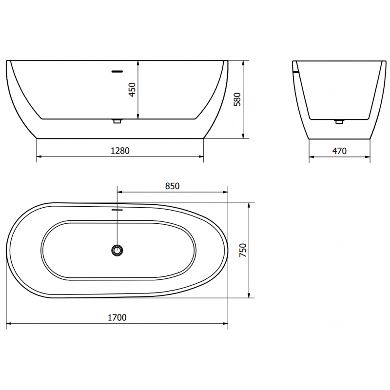 Mexen Eos свободностояща вана 170 x 75 см, бяла/черна, преливник никел мат - 52471707575-97