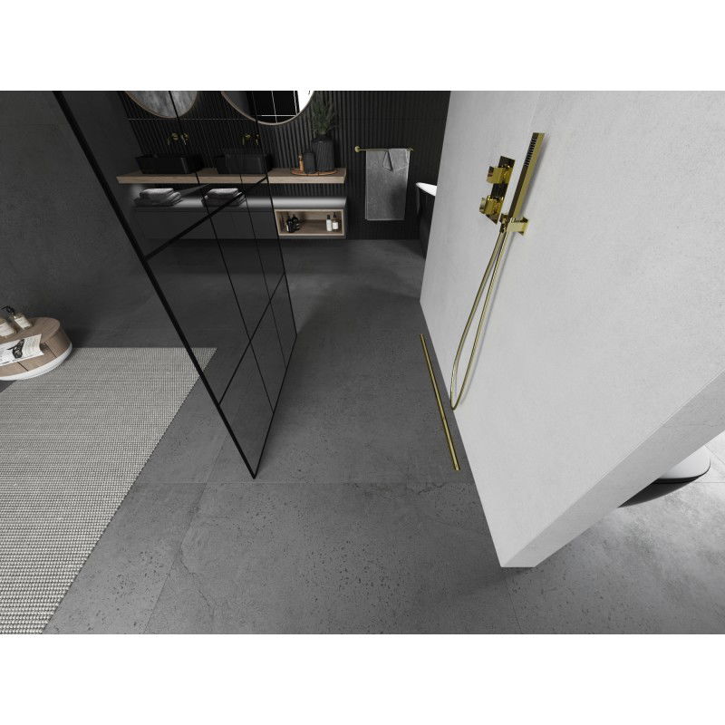 Mexen Kioto самостоятелна душова преграда 120 x 200 см, черна решетка 8 мм, златна четка - 800-120-002-55-77