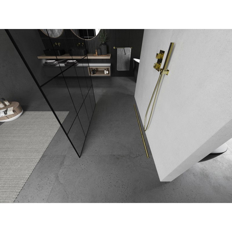 Mexen Kioto самостоятелна душ преграда 130 x 200 см, черна мрежа 8 мм, златно четкована - 800-130-002-55-77