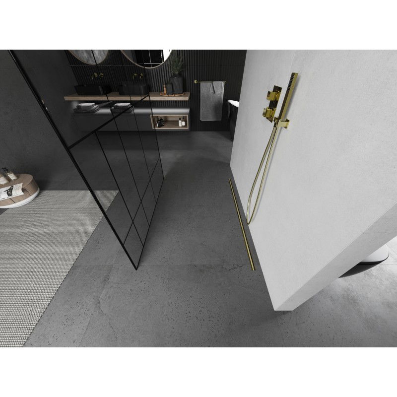 Mexen Kioto свободностояща душ-преграда 120 x 200 cm, черен модел 8 мм, златна четка - 800-120-002-55-78