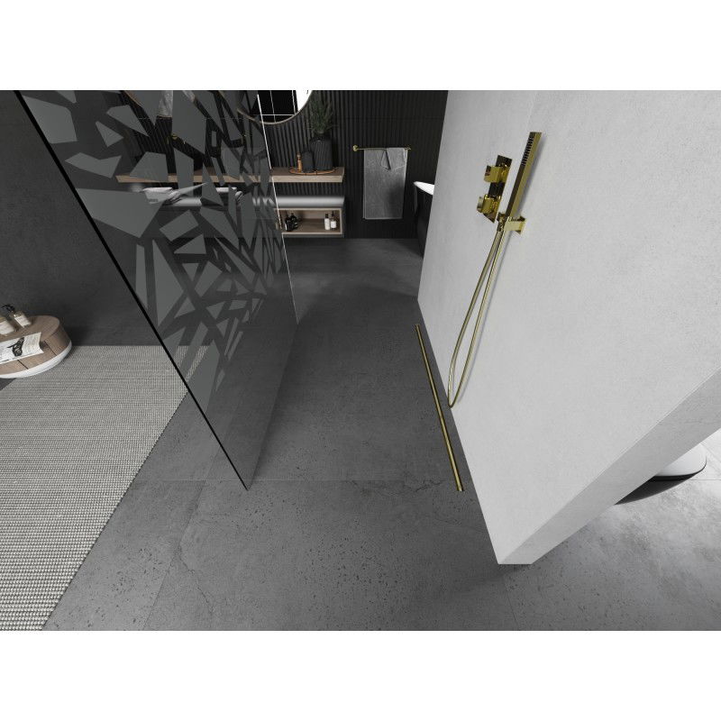 Mexen Kioto свободностояща душ стена 110 x 200 cm, бял десен 8 mm, златиста четка - 800-110-002-55-85