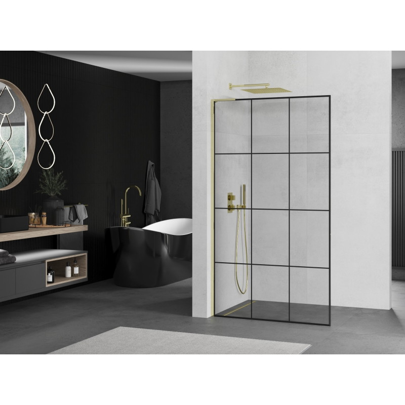 Mexen Kioto L стенна преграда за душ Walk-in 120 x 200 cm, черна решетка, златна