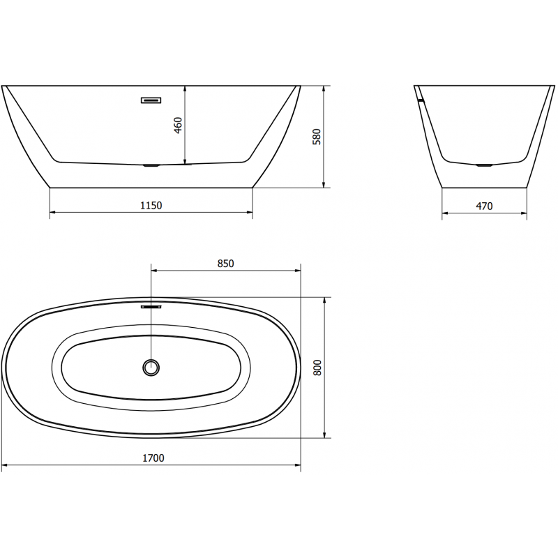 Mexen Eris свободностояща вана 170 x 80 см, бяла, черен преливник - 53441708000-70