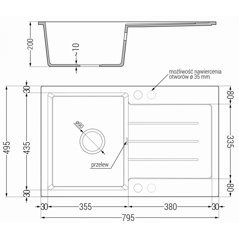 Mexen Bruno гранитна мивка с 1 отделение и дренаж 795 x 495 mm, черно с петънца, черен сифон - 6513791010-76-B