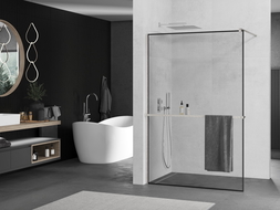 Мексен Киото+ стена за душ с рафт Walk-in 80 x 200 см, черен модел, четкан никел - 800-080-121-97-70