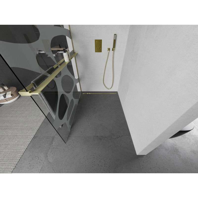 Mexen Kioto+ душ параван с рафт Walk-in 130 x 200 см, бяла вълна, златно четкана - 800-130-121-55-97